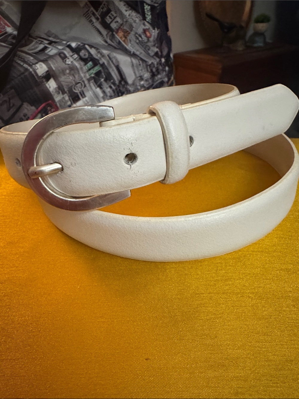 Rolfs Off-White Leather Belt with Silver Buckle
